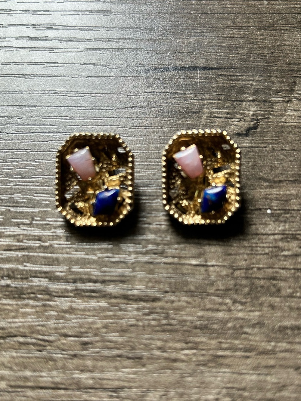 VTG MCM Unmarked Clip Gold-Tone Earrings with Pink and Blue Stone Accents.